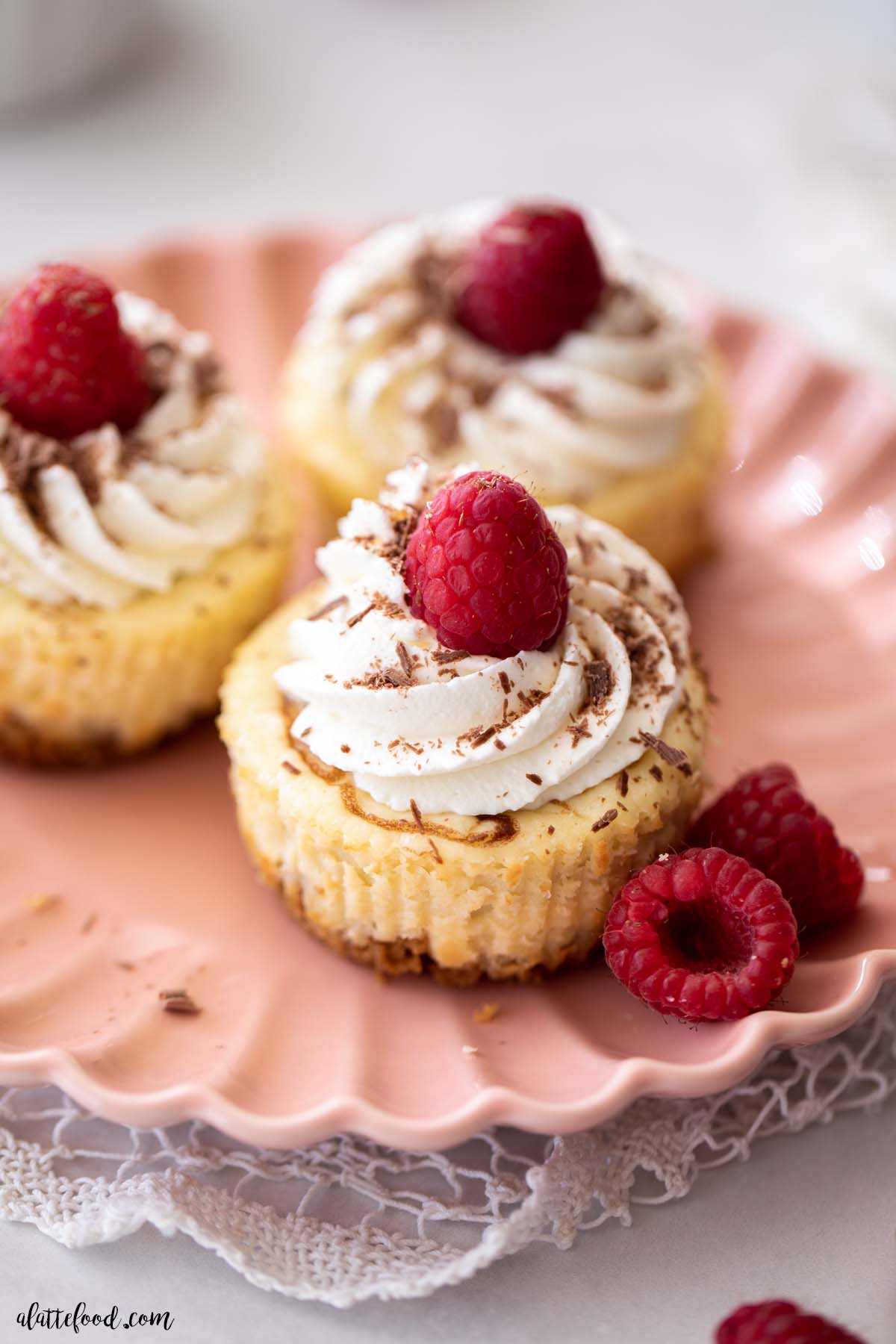 Raspberry topped nutella cheesecake cups with graham cracker crusts on a pink plate.